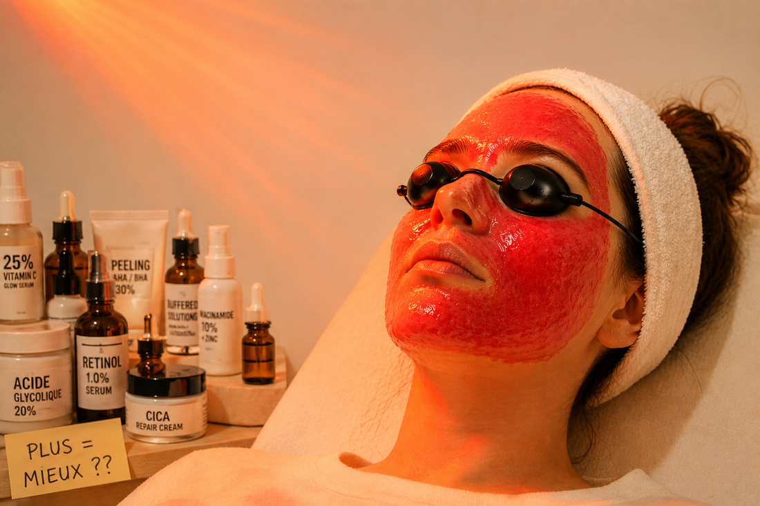 Femme avec masque, lunettes UV et produits cosmétiques — plus égale mieux ?