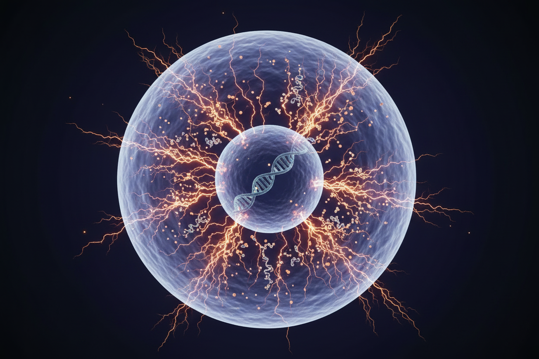 Illustration scientifique du stress oxydatif dans une cellule cutanée : radicaux libres, réaction en chaîne et dommages sur le collagène et l'ADN
