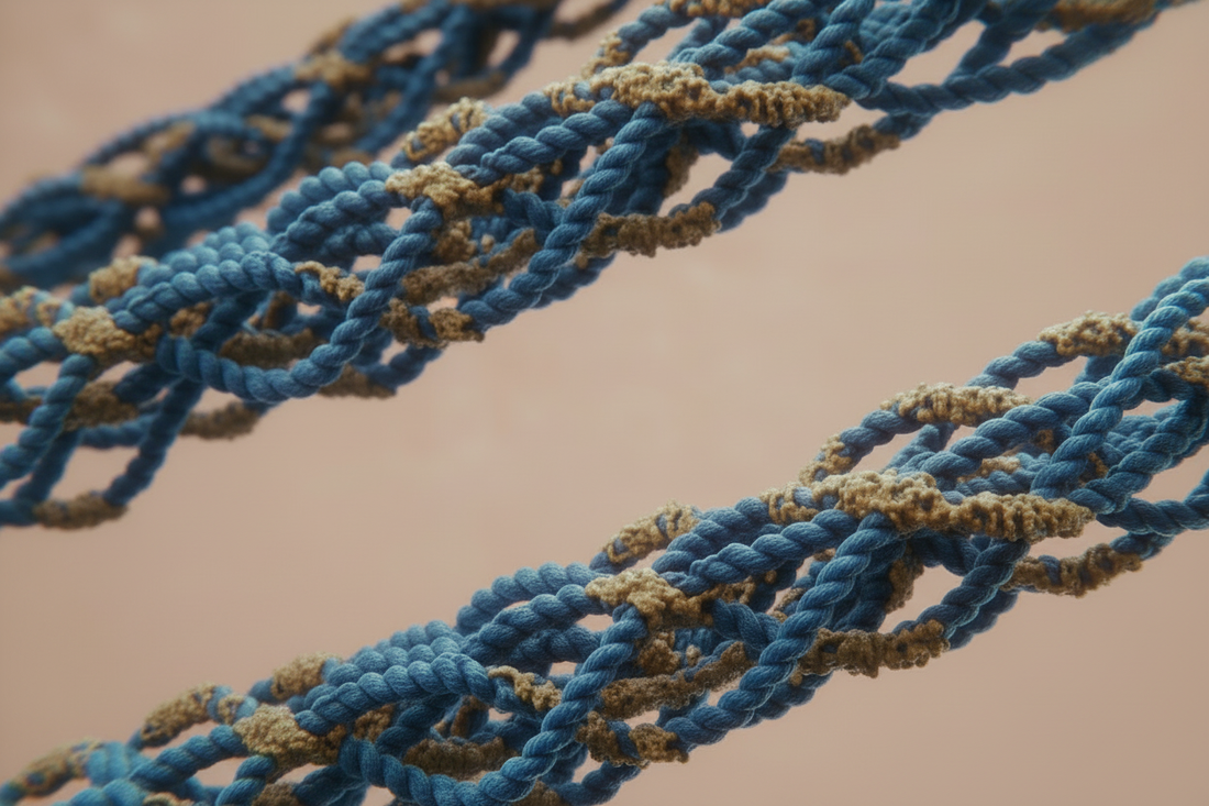 Illustration scientifique de fibres de collagène avec liaisons croisées anormales dues à la glycation cutanée