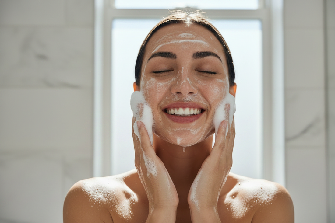Gros plan sur une mousse micellaire pour le nettoyage du visage — étape clé de la routine skincare
