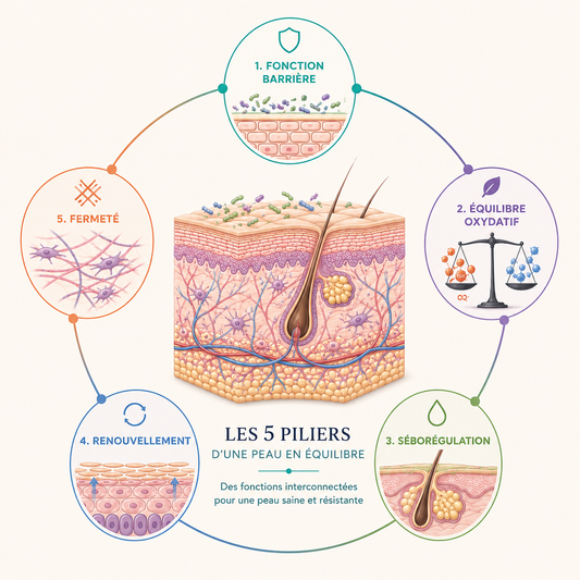 Infographie des 5 piliers d'une peau en équilibre : fonction barrière, équilibre oxydatif, séborégulation, renouvellement et fermeté, représentés autour d'une coupe anatomique de la peau.