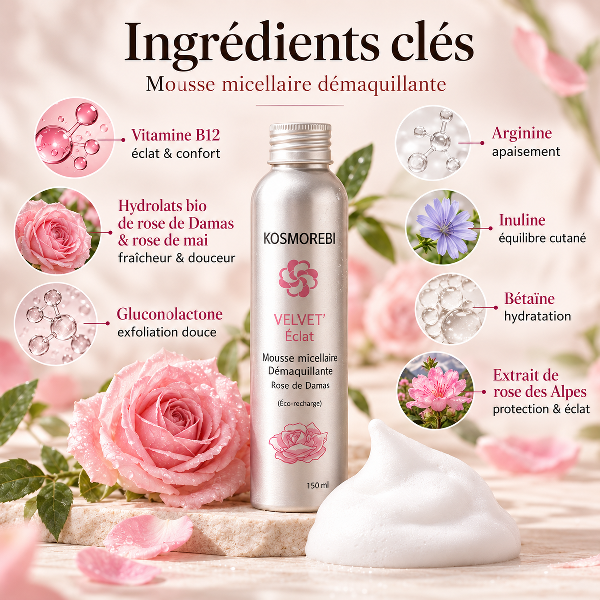 Mousse Micellaire Démaquillante  à la Rose de Damas Velvet Éclat